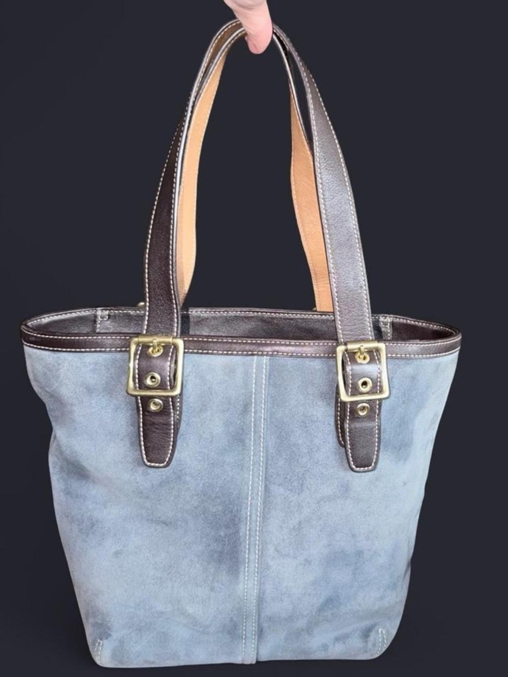Coach Blue Suede Tote Bag with Brown Trim.